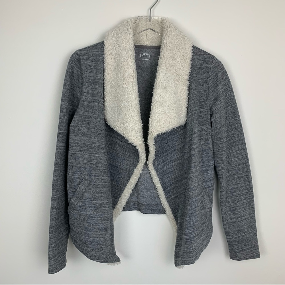 LOFT Grey Open Front Waterfall Lightweight Jacket Sherpa Lapel Small